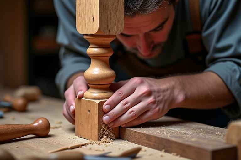 Close-up of a master woodworker carving delicate details into a wooden newel post, showcasing manual precision and skill.