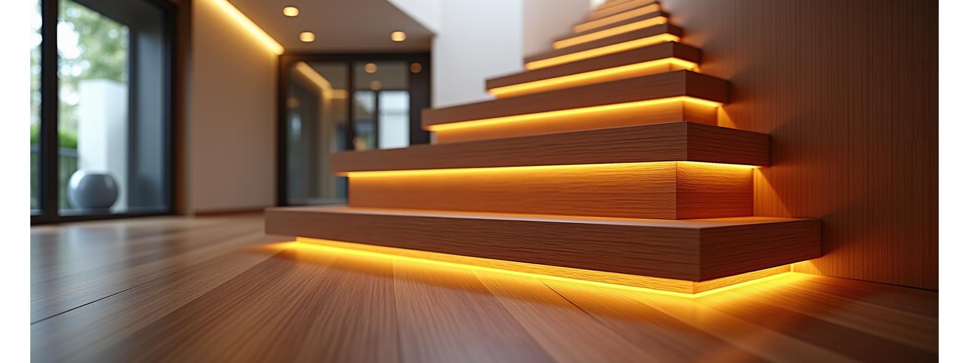 Modern wooden staircase with subtle integrated smart LED lighting casting a warm glow, illustrating smart technology integration in a sophisticated home.